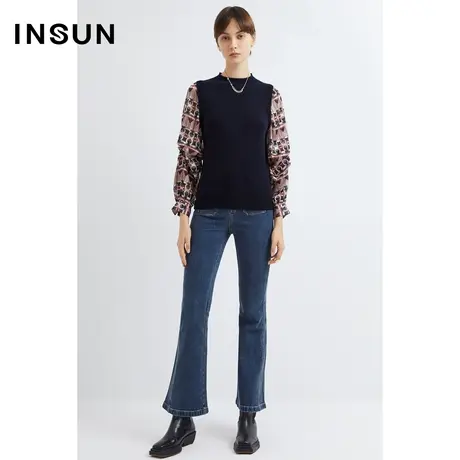 INSUN恩裳春季撞色拼接褶皱羊绒羊毛针织商品大图