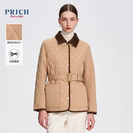 PRICH24春新款灯芯绒翻领菱格绗线可调节腰带修身保暖棉服外套女图片