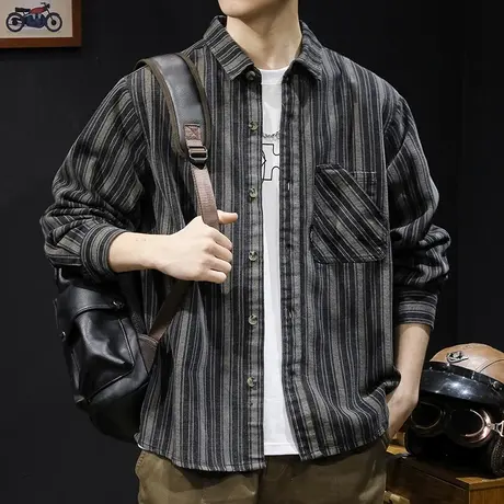 条纹衬衫男长袖2024新款春季男装大码男士衬衣外套上衣休闲春秋款商品大图