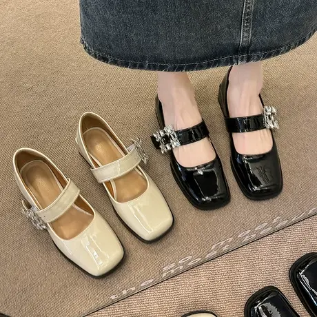 法式粗跟玛丽珍鞋女2024年新款复古方头浅口单鞋通勤小低跟小皮鞋商品大图