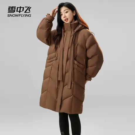 雪中飞2023秋冬新款女士长款连帽羽绒服斜格设计抗寒加厚休闲保暖商品大图