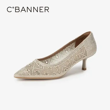 千百度镂空烫钻细高跟鞋女春季尖头浅口单鞋百搭仙女风凉鞋百搭图片