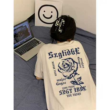 纯棉设计感重磅短袖t恤女2023新款春夏季宽松高街潮牌大码上衣服商品大图