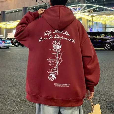 纯棉酒红色卫衣男春秋季2024新款宽松美式潮牌情侣装帽衫连帽外套商品大图
