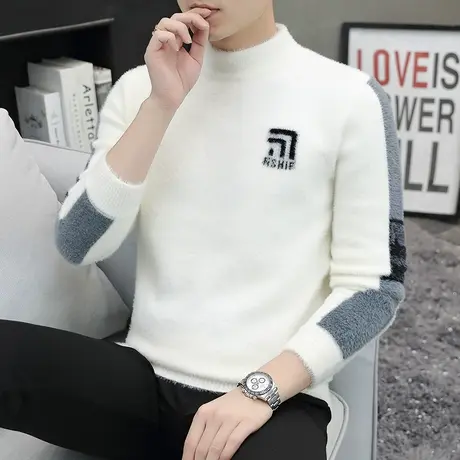 青少年学生秋冬季毛衣男士水貂绒修身套头圆领打底衫针织衫线衣服商品大图