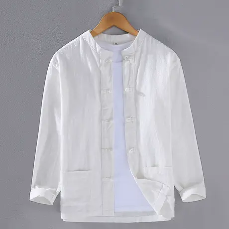 萨法瑞亚麻休闲衬衫男外套中式复古2024春季男士棉麻衬衣男装上衣商品大图