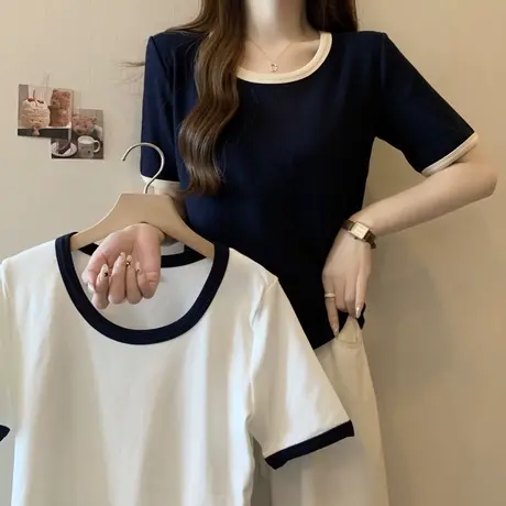 撞色圆领短袖T恤女夏装百搭修身显瘦ins潮流韩版打底衫上衣体恤商品大图