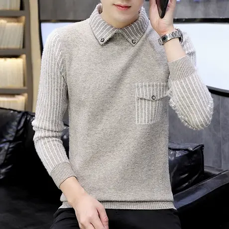 冬季潮牌假两件衬衫领毛衣男士水貂绒加厚针织打底衫加绒保暖上衣图片