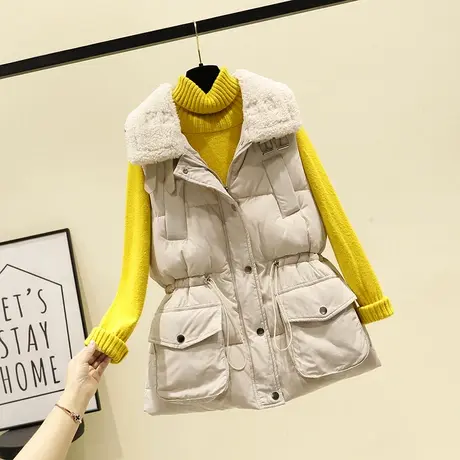 羊羔毛拼接羽绒棉马夹女韩版2023秋冬新款中长款加厚保暧马甲外套图片
