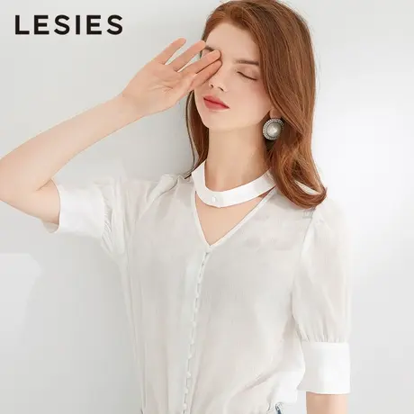 蓝色倾情夏装新款女装 白色V领珍珠扣短袖衬衫上衣少女气质小衫商品大图