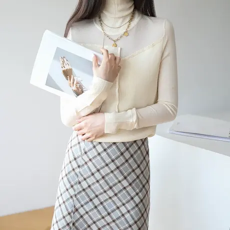 专享早秋冬新款高领内搭韩版羊毛拼接毛衣温柔风针织衫打底上衣女商品大图