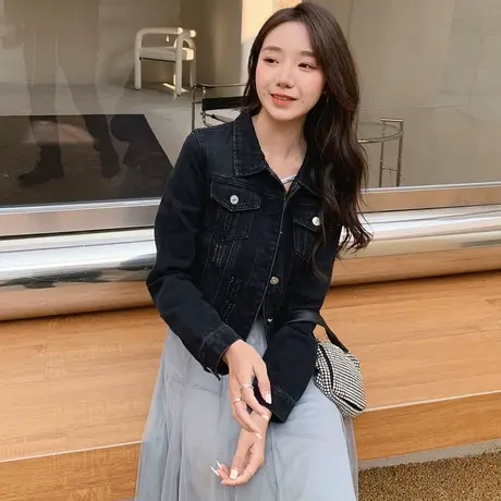 牛仔外套女春秋短款修身韩版新款显瘦长袖上衣潮牛仔衣黑色图片
