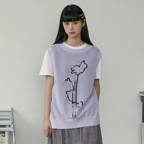 omont蛋挞家 复古两穿提花V领针织衫马甲背心女外穿毛衣宽松上衣商品大图