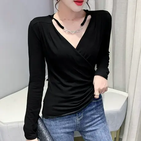 女装2023新款潮性感V领打底衫内搭设计感交叉T恤女长袖紧身上衣服图片