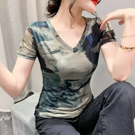 晕染印花T恤女短袖欧货夏性感V领时尚小衫气质百搭网纱上衣设计感商品大图