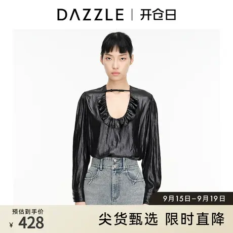 DAZZLE地素奥莱 雪纺水波纹显瘦黑色衬衫上衣女2D1D5311A商品大图