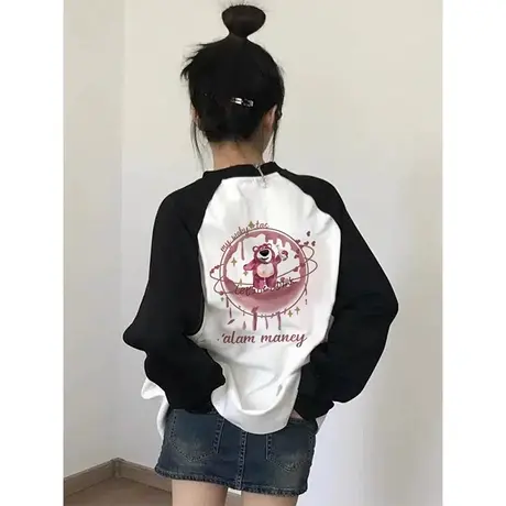 可爱草莓熊长袖上衣女秋冬设计感小众卡通宽松插肩拼色t恤爆款ins商品大图