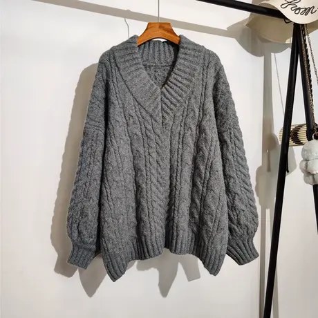 复古麻花毛衣女秋冬新款大码宽松慵懒风灯笼袖加厚针织衫上衣外穿商品大图