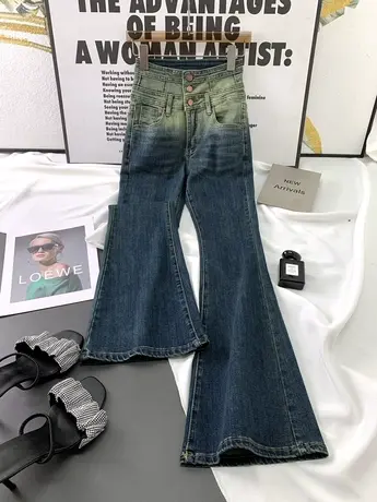 韩版做旧排扣牛仔喇叭裤女2023秋季新款显瘦百搭渐变高腰微喇长裤商品大图