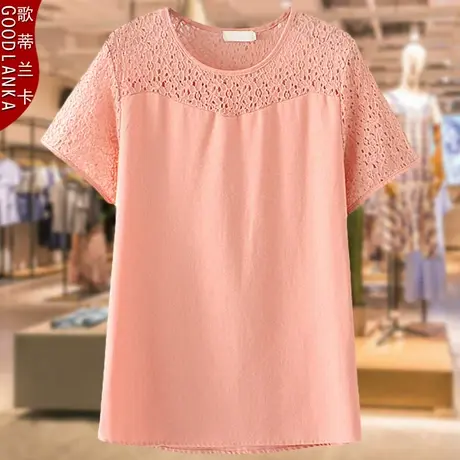中年妈妈夏装上衣蕾丝拼接棉麻短袖小衫加肥加大码女宽松纯色T恤商品大图