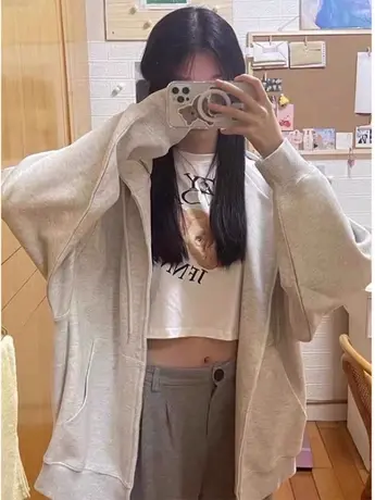 美式复古oversize潮牌卫衣女春秋薄款宽松韩版慵懒风连帽开衫外套商品大图