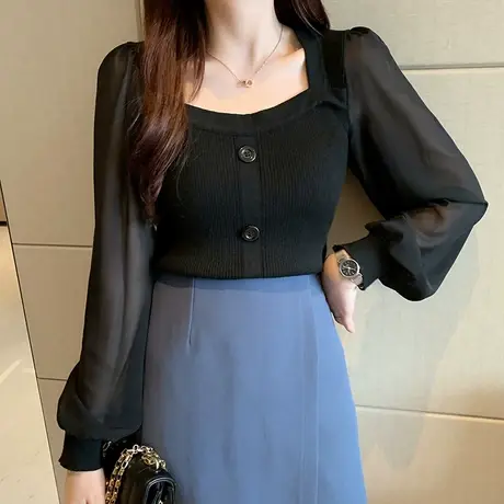 2023秋冬新款白色打底衫女内搭修身方领长袖短款上衣温柔风针织衫商品大图