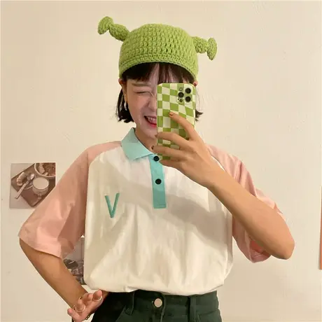 红续马卡龙糖果色甜美少女感Polo领短袖T恤夏季新款纯棉百搭上衣商品大图