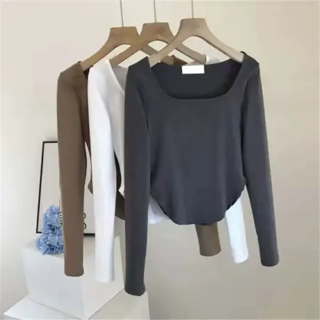 韩版2021早秋女装新款时尚气质百搭显瘦方领长袖t恤打底衫上衣女商品大图