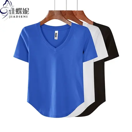 夏季新款韩版V领修身燕尾纯欲克莱因蓝纯棉短袖体恤上衣打底衫女商品大图