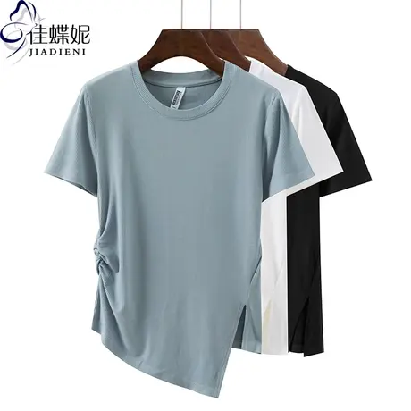 夏季新款圆领修身开叉纯欲褶皱不规则纯棉纯色短袖体恤上衣内搭女图片