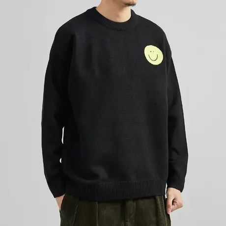 奕飏撞色笑脸圆领毛衣男2022冬季新款加厚针织衫潮流黑色韩版毛衫图片