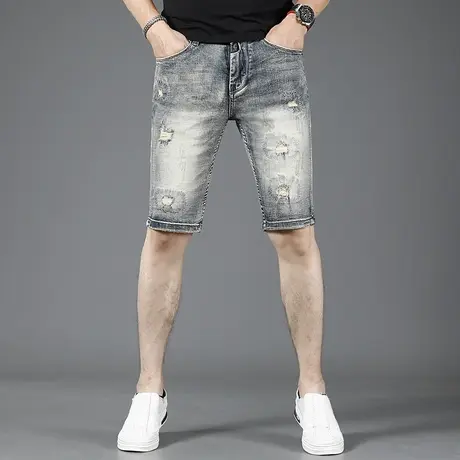 美式复古色牛仔短裤男破洞夏季薄款修身2023新款男士中裤五分裤潮商品大图