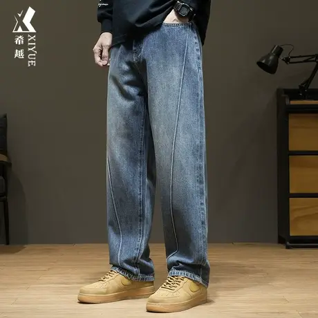 希越Cityboy风格牛仔裤男秋冬复古蓝色百搭宽松大码胖子直筒长裤商品大图