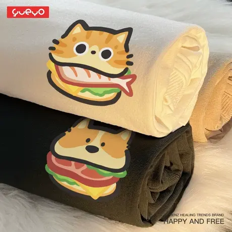 悦游 汉堡猫狗 趣味美食短袖纯棉潮流卡通ins日系情侣装t恤宽松商品大图