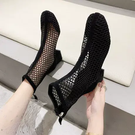 2023年网纱短马丁靴新款女爆款夏季透气高跟鞋薄款镂空粗跟凉靴子商品大图