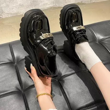 系带松糕厚底乐福鞋女2023新款秋季粗跟高跟锁扣黑色jk单鞋小皮鞋商品大图