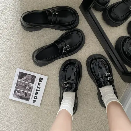 黑色小皮鞋女春秋2024新款防滑英伦风鞋子懒人配裙子粗跟乐福鞋潮商品大图