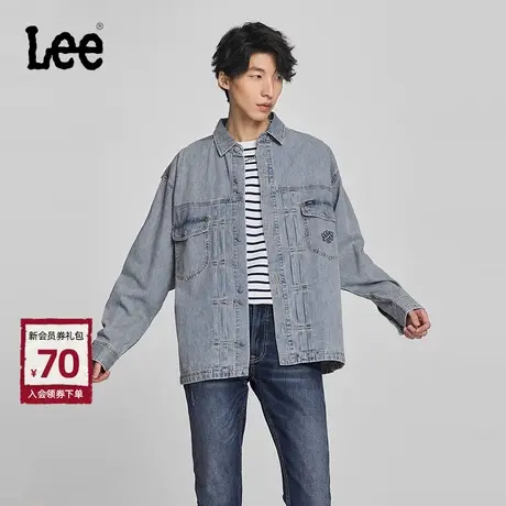 Lee商场同款24春季新品舒适版翻领101+刺绣浅蓝色男长袖牛仔衬衫商品大图