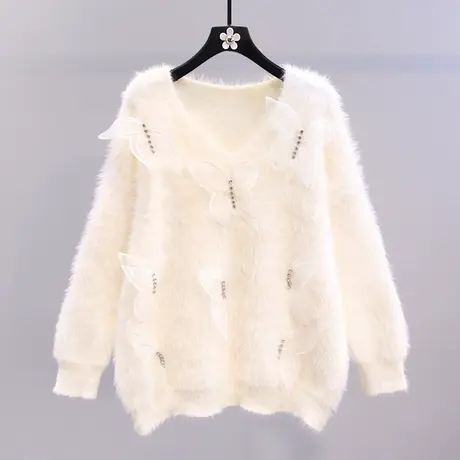 镶钻立体蝴蝶V领水貂绒毛衣女秋冬2023新款宽松甜美软糯针织上衣图片