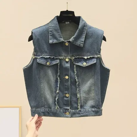 2023新款牛仔马甲马夹港风显瘦毛边无袖短款背心宽松外套上衣女秋商品大图