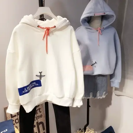 2019秋冬款韩国ulzzang甜美飞机连帽女加绒卫衣宽松BF风女外套潮商品大图