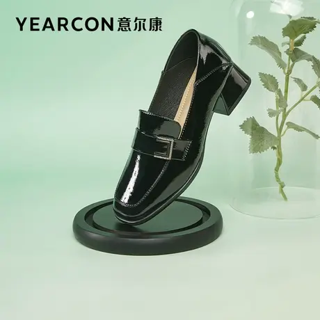 意尔康女鞋2023秋季新款乐福鞋女粗跟亮面中跟单鞋小皮鞋舒适软底商品大图