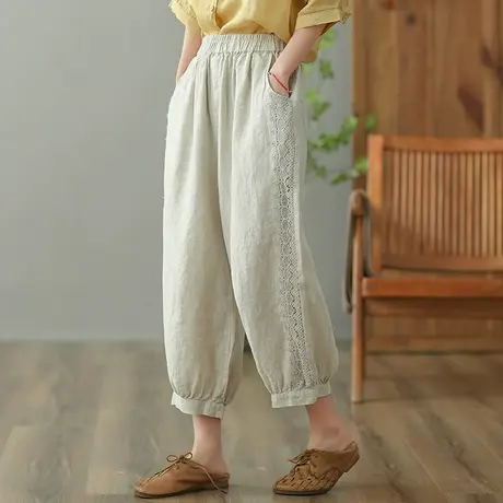 dza 高腰显瘦束口亚麻休闲裤女2023夏季薄款直筒裤宽松棉麻阔腿裤图片