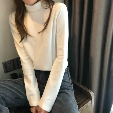 2023年新款春秋冬高领加绒洋气打底衫内搭白色德绒长袖t恤女上衣图片