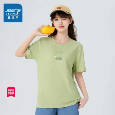 JW真维斯女装2025春夏新款圆领印花度假风图案短袖T恤衫甜美上衣商品大图