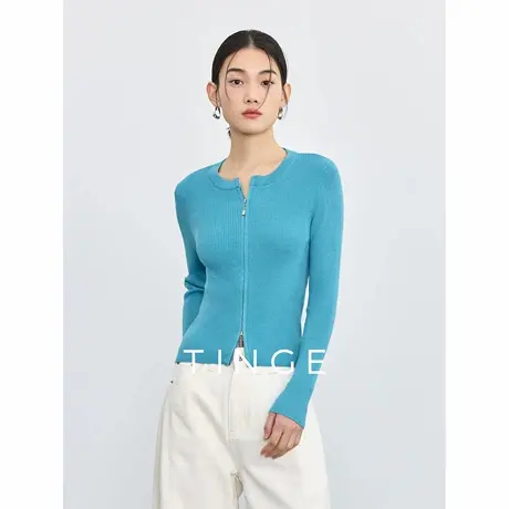 TINGE贴己圆领双开拉链针织衫女开春穿搭开衫休闲凉感长袖上衣图片