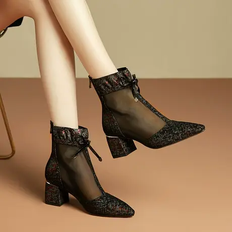 尖头凉靴女高跟春夏新款气质妈妈鞋真皮粗跟女鞋透气网纱女士凉鞋商品大图