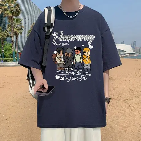 日系纯棉卡通印花短袖T恤男夏季新款潮牌上衣重磅宽松圆领半截袖商品大图