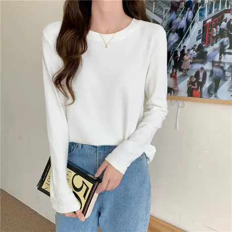 2023早春秋冬季新款白色内搭洋气打底衫宽松纯色长袖t恤女上衣图片