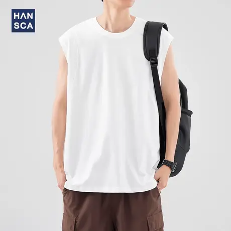 hansca日系重磅无袖坎肩男士夏季新款白色纯棉拼接袖宽松运动背心商品大图